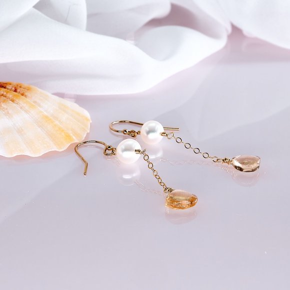 Pearl & Citrine Dangle Earrings, 14K Gold Filled Gemstone Earrings - Picture 7 of 10